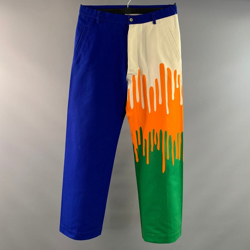 WALTER VAN BEIRENDONCK Size 34 Orange Cobalt Paint Splatter Cotton Casual Pants